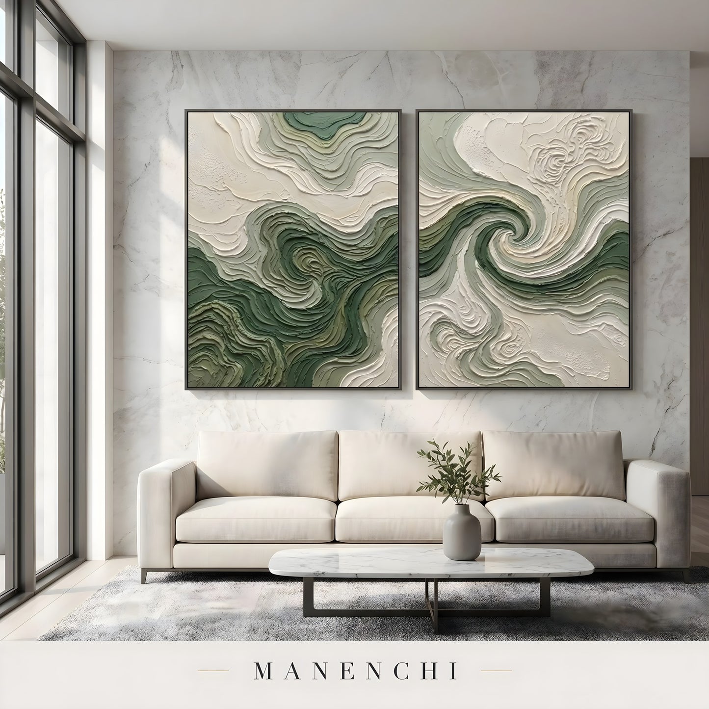 Verdant Swirl Diptych - original hand-painted abstract painting by Manenchi