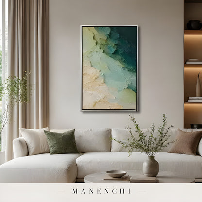 Verdant Tidal Impasto abstract painting displayed in bright living room decor