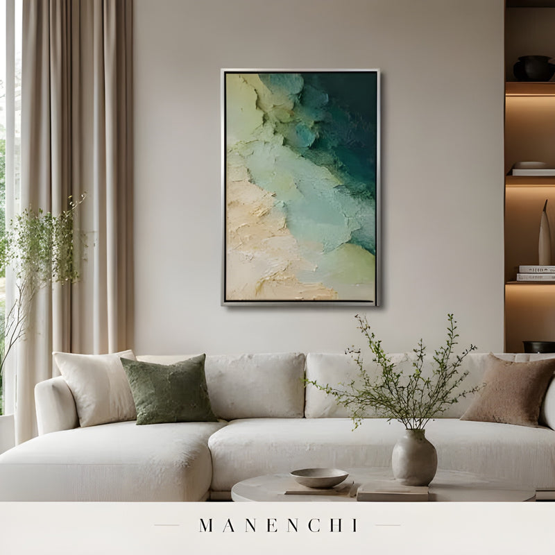 Verdant Tidal Impasto abstract painting displayed in bright living room decor