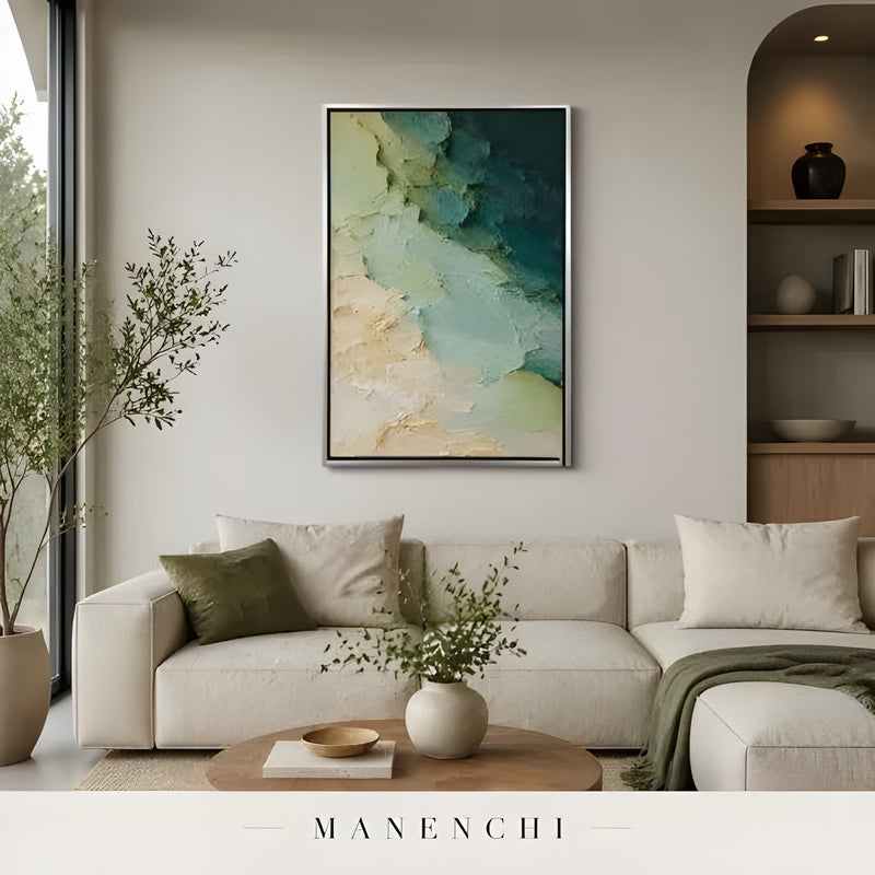 Verdant Tidal Impasto abstract painting displayed in coastal living room staging