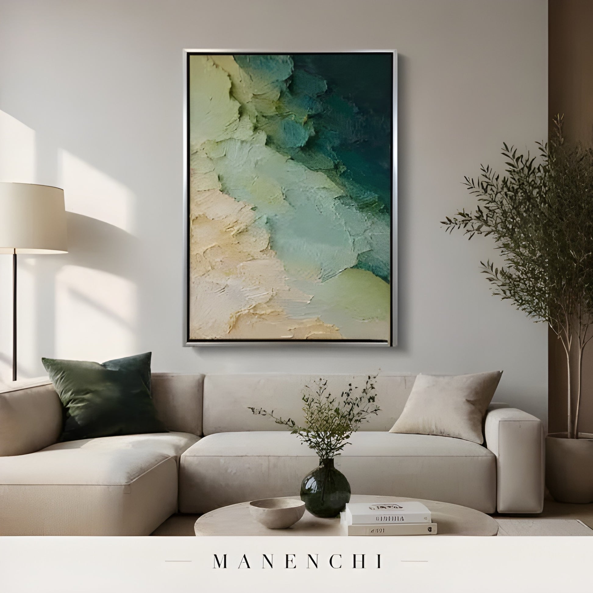 Verdant Tidal Impasto abstract painting displayed in minimalist living room styling