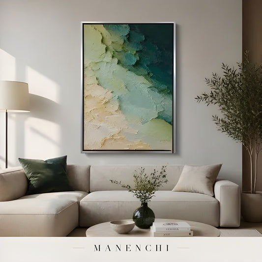 Verdant Tidal Impasto abstract painting displayed in minimalist living room styling