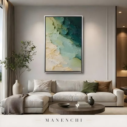 Verdant Tidal Impasto abstract painting displayed in modern living room display
