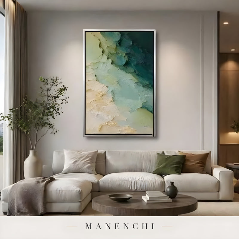 Verdant Tidal Impasto abstract painting displayed in modern living room display