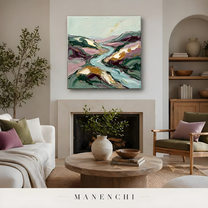 Verdant Valley Stream abstract painting displayed in living room display