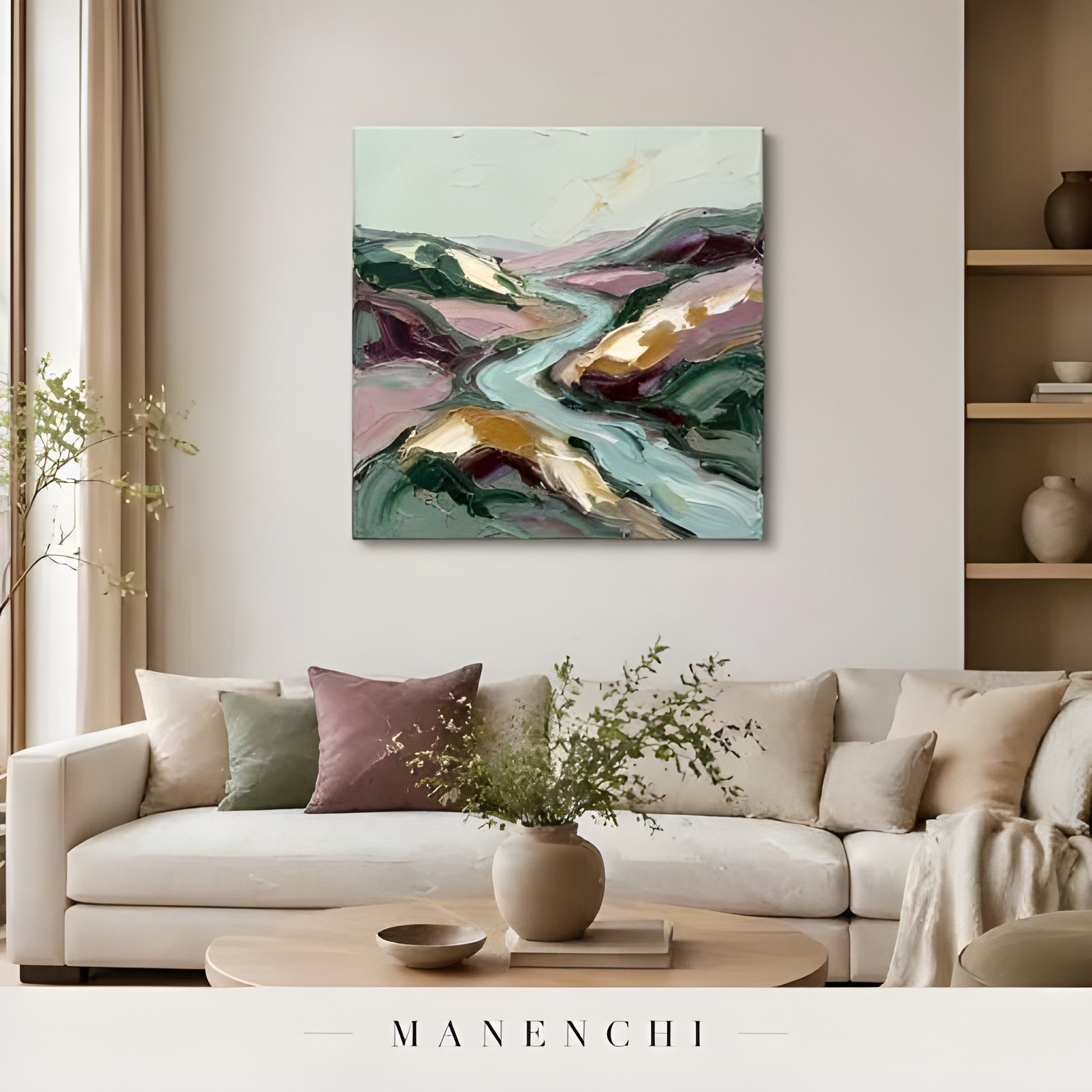 Verdant Valley Stream abstract painting displayed in living room interior