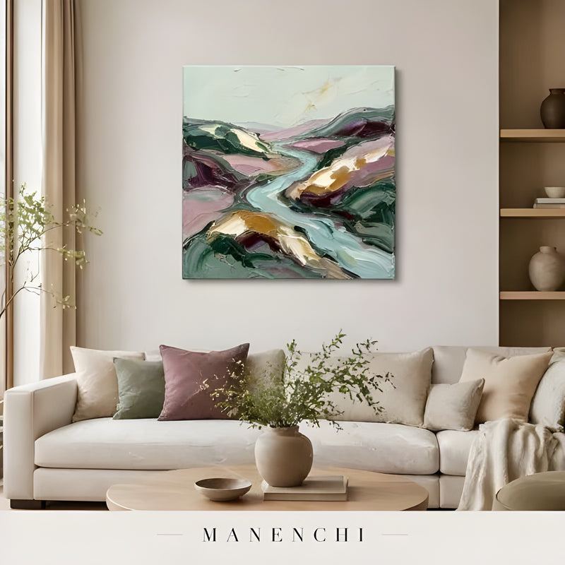 Verdant Valley Stream abstract painting displayed in living room interior