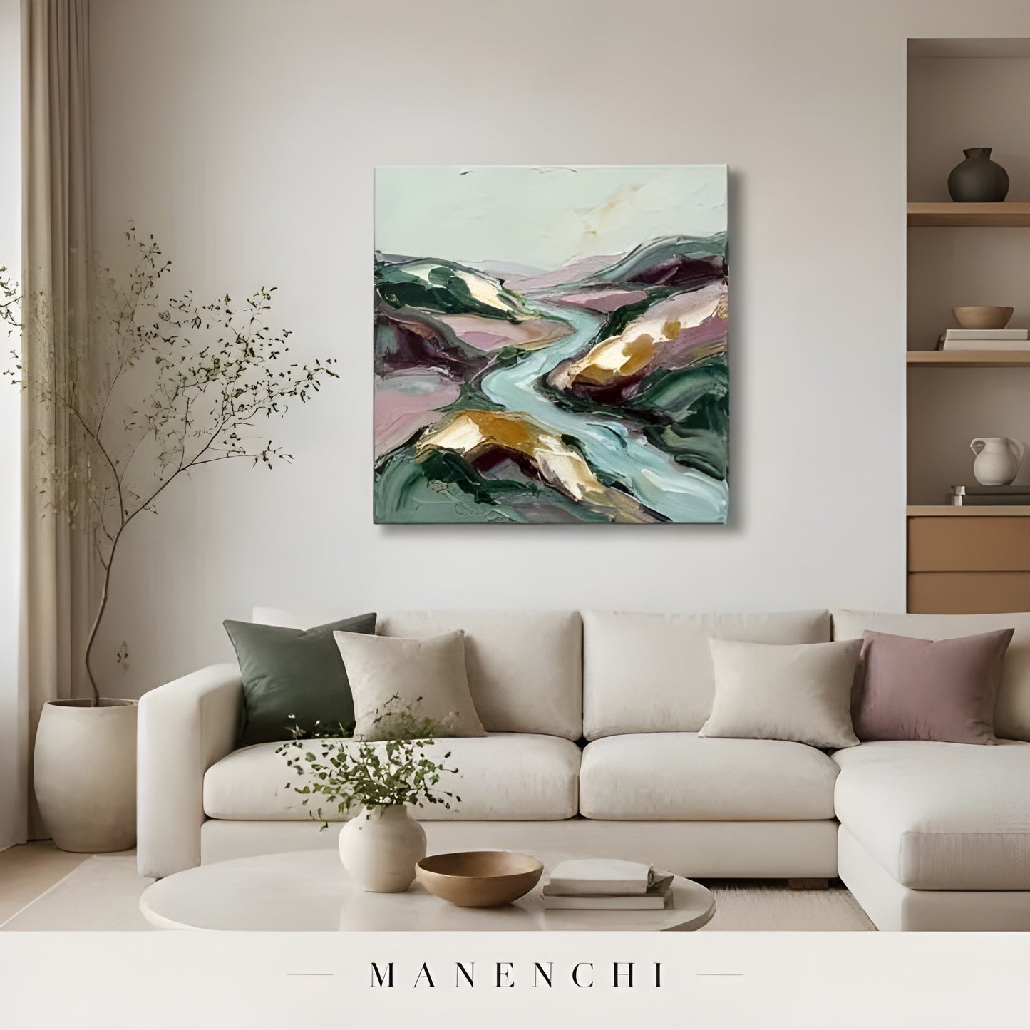 Verdant Valley Stream abstract painting displayed in living room sofa view