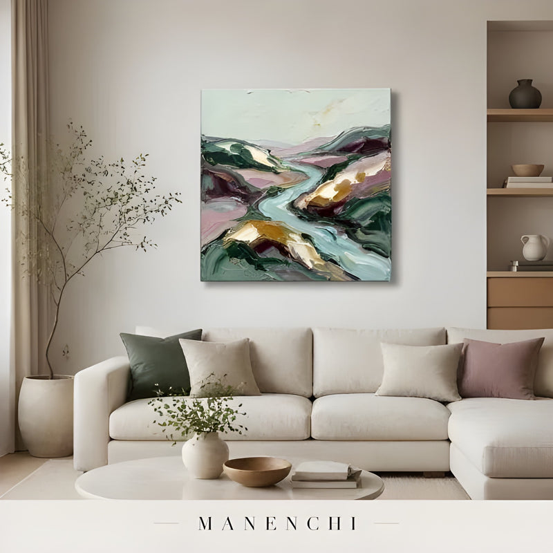 Verdant Valley Stream abstract painting displayed in living room sofa view