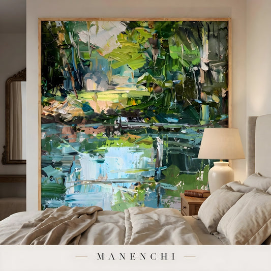 Verdant Wetland Impression abstract painting displayed in bedroom wall decor