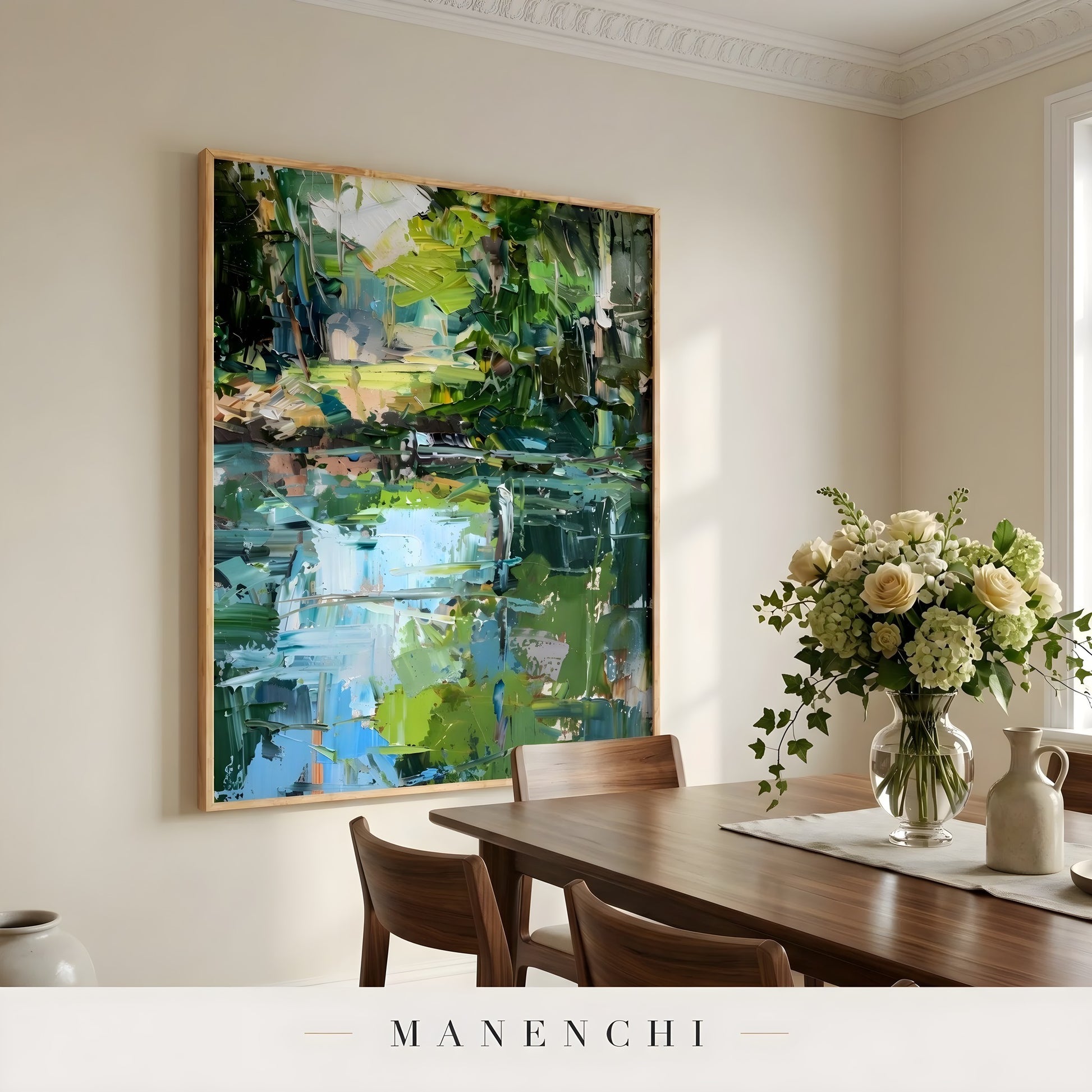 Verdant Wetland Impression abstract painting displayed in dining room interior