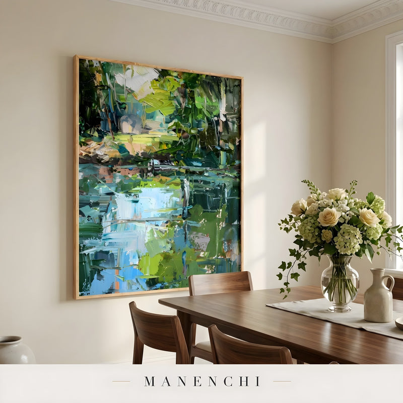 Verdant Wetland Impression abstract painting displayed in dining room interior