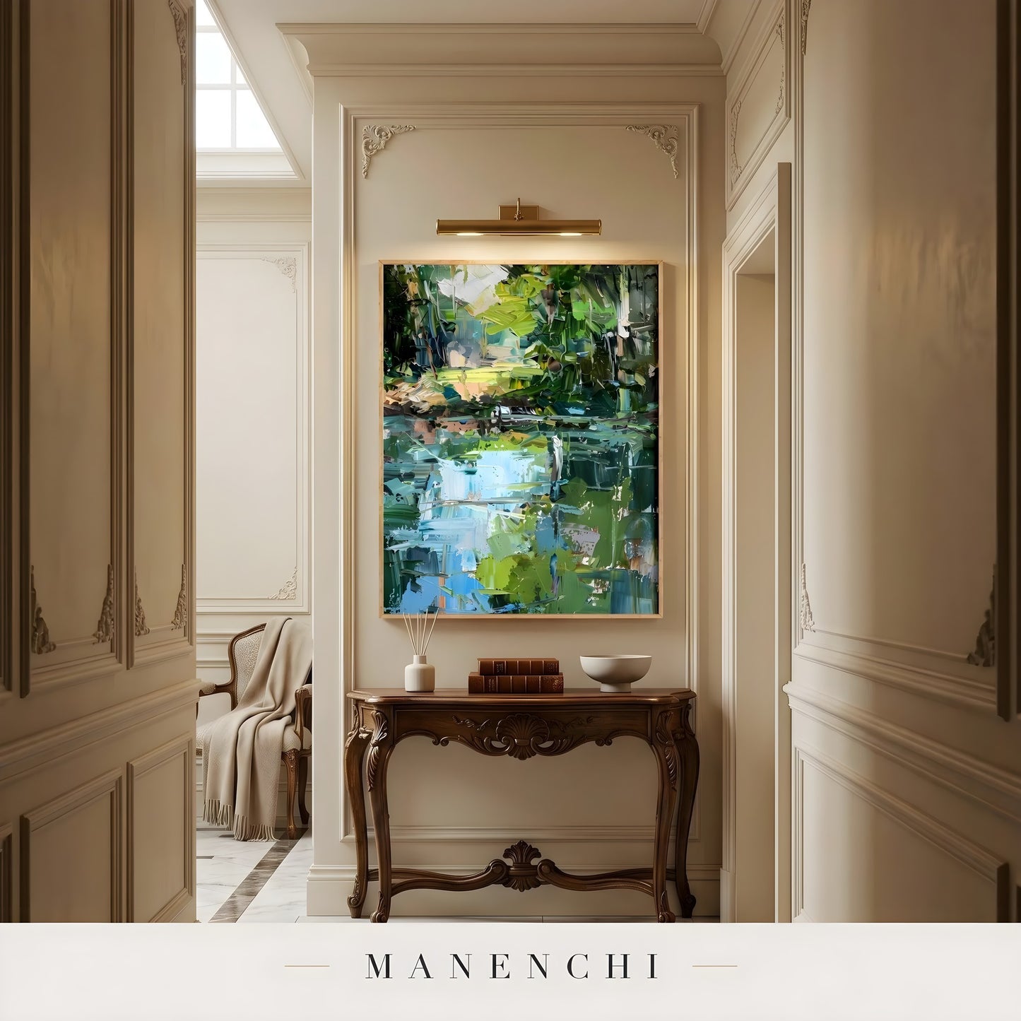 Verdant Wetland Impression abstract painting displayed in entryway hallway console