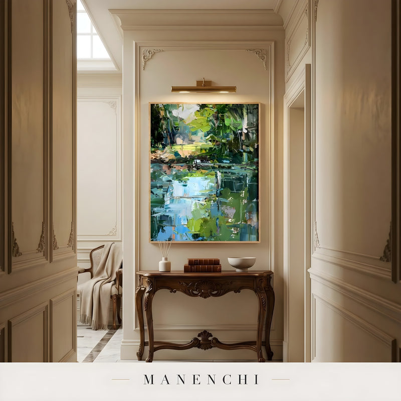 Verdant Wetland Impression abstract painting displayed in entryway hallway console