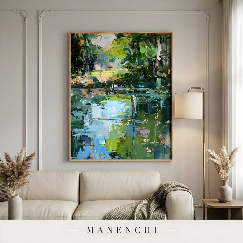 Verdant Wetland Impression abstract painting displayed in living room sofa