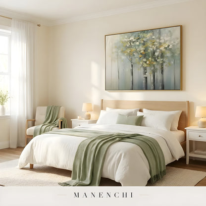 Verdant Willow Whisper abstract painting displayed in bedroom