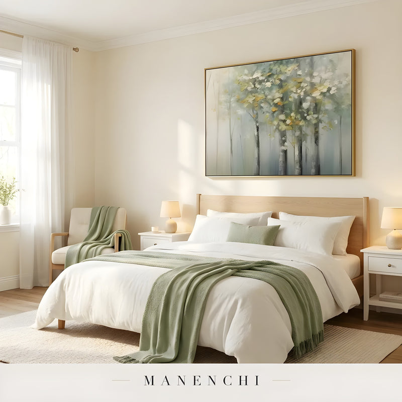 Verdant Willow Whisper abstract painting displayed in bedroom