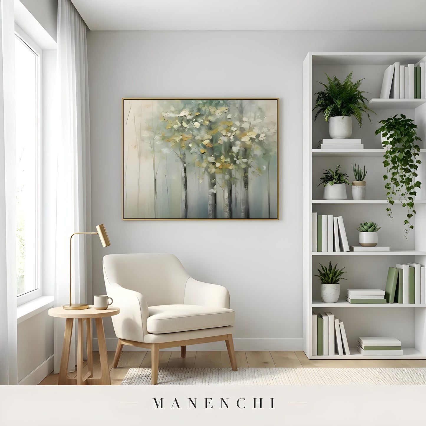 Verdant Willow Whisper abstract painting displayed in cozy reading nook