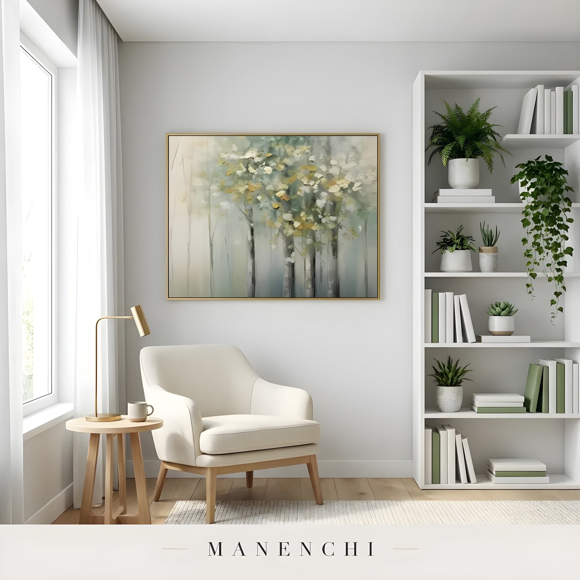 Verdant Willow Whisper abstract painting displayed in cozy reading nook