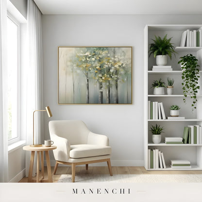 Verdant Willow Whisper abstract painting displayed in cozy reading nook