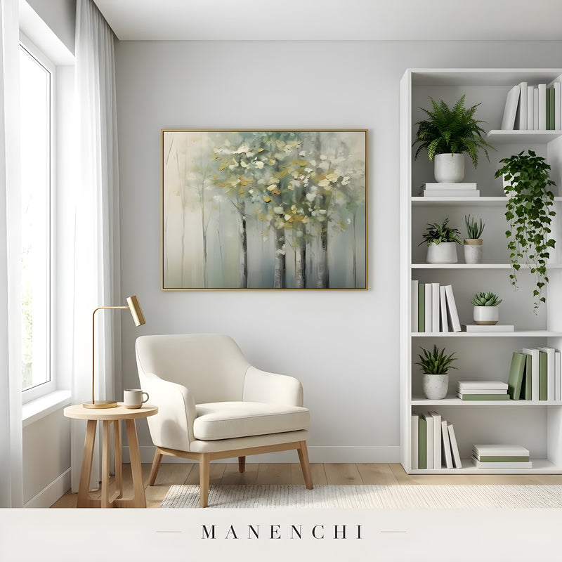 Verdant Willow Whisper abstract painting displayed in cozy reading nook