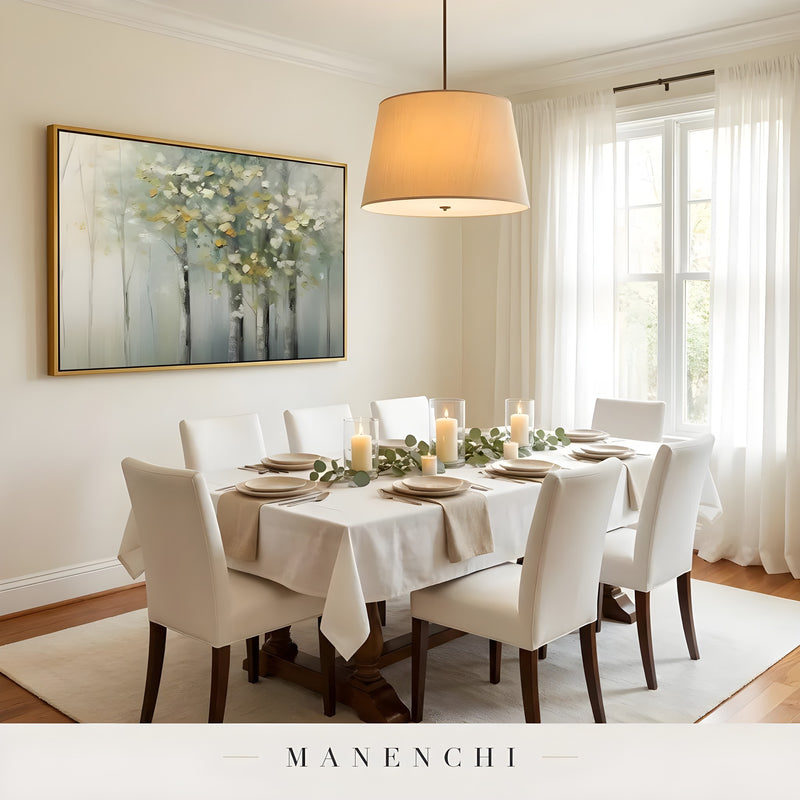 Verdant Willow Whisper abstract painting displayed in dining room
