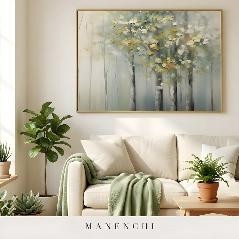 Verdant Willow Whisper abstract painting displayed in living room