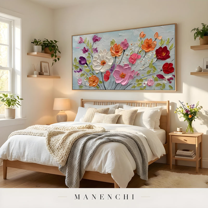 Vibrant Botanical Rhapsody abstract painting displayed in bedroom wall decor