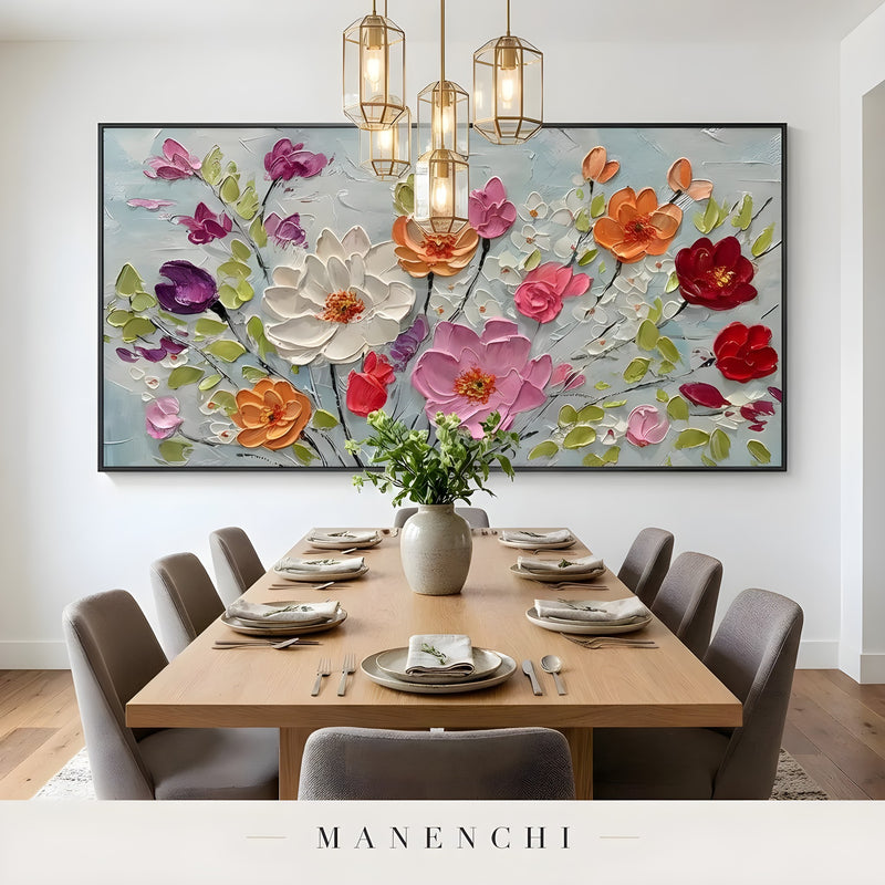 Vibrant Botanical Rhapsody abstract painting displayed in dining room painting