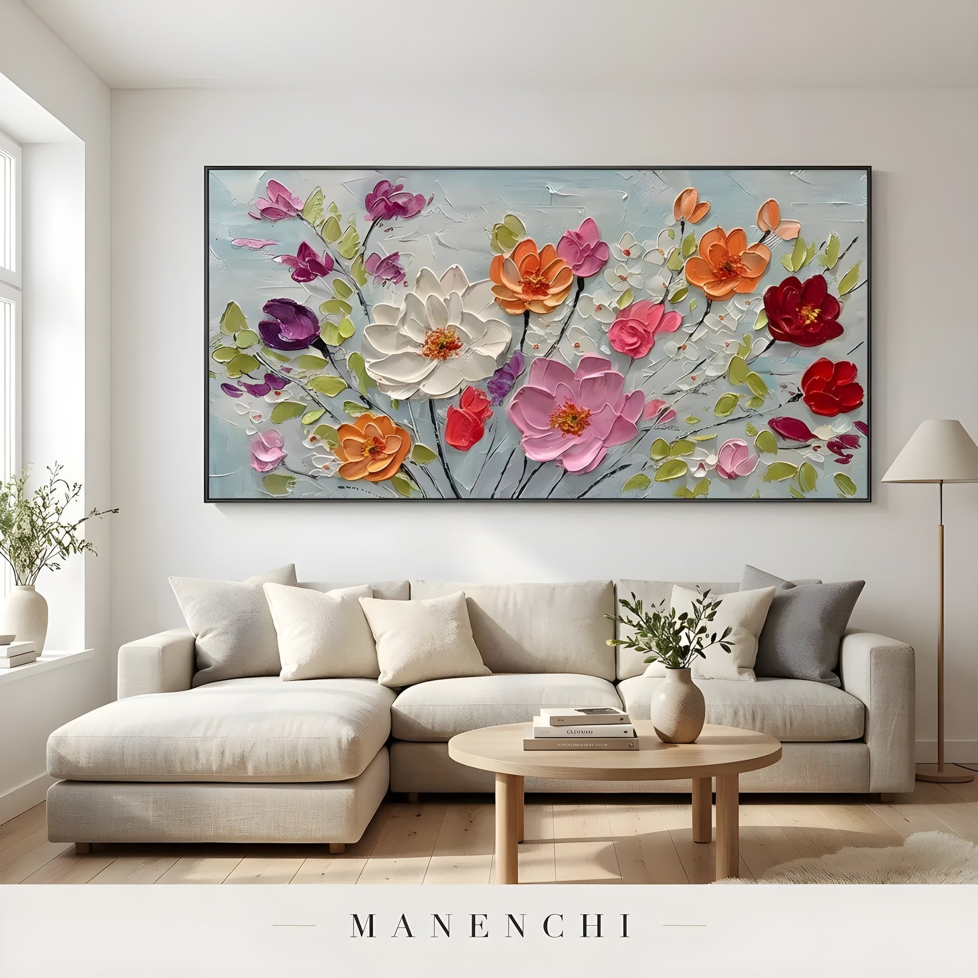 Vibrant Botanical Rhapsody abstract painting displayed in living room sofa