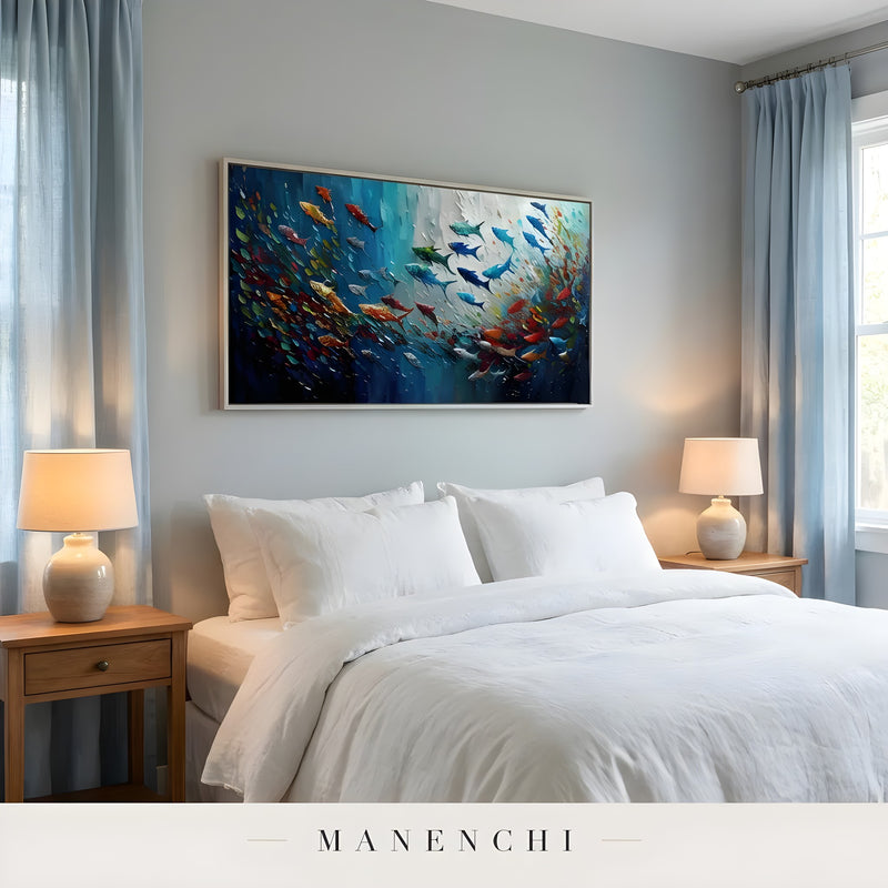Vibrant Current abstract painting displayed in bedroom bed wall