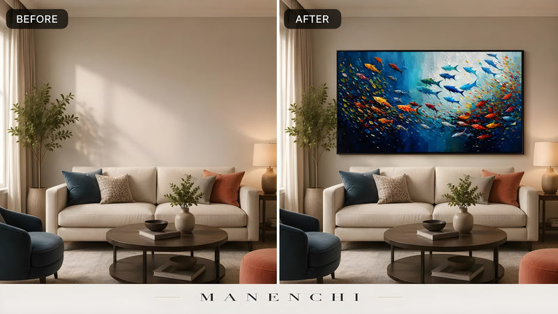Vibrant Current original hand-painted abstract painting, before and after in a styled room