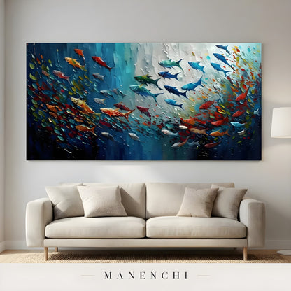 Vibrant Current abstract painting displayed in living room above sofa