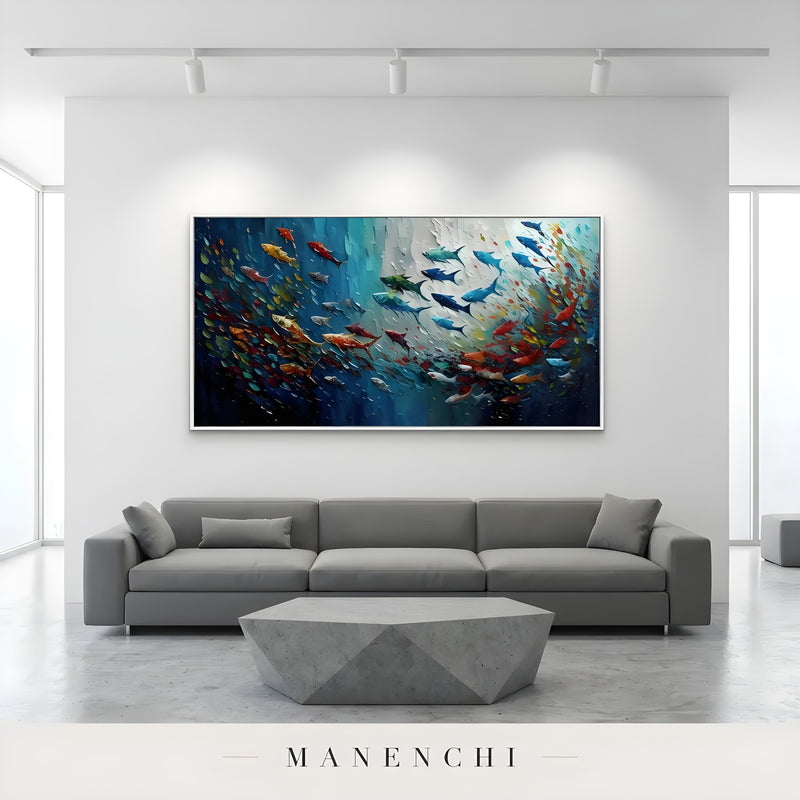 Vibrant Current abstract painting displayed in modern living room