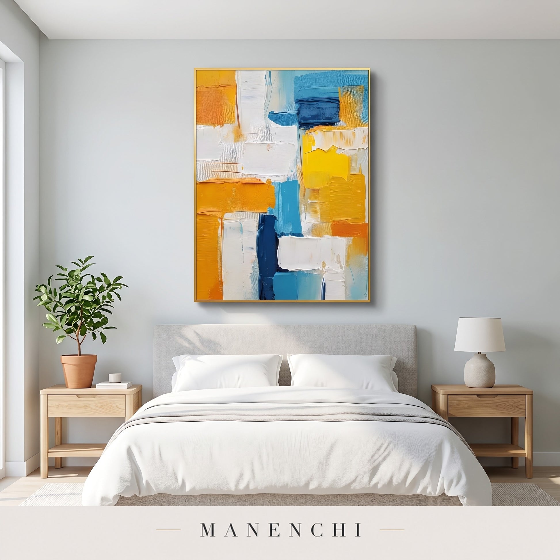Vibrant Geometric Flow abstract painting displayed in a modern bedroom