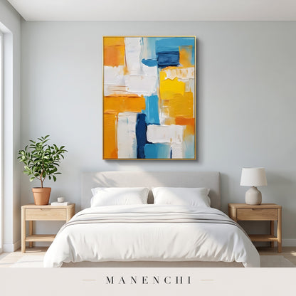 Vibrant Geometric Flow abstract painting displayed in a modern bedroom