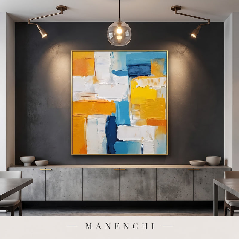 Vibrant Geometric Flow abstract painting displayed in a dining room