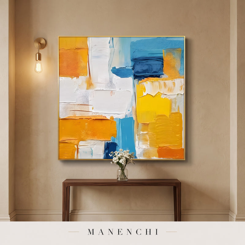 Vibrant Geometric Flow abstract painting displayed in an entryway
