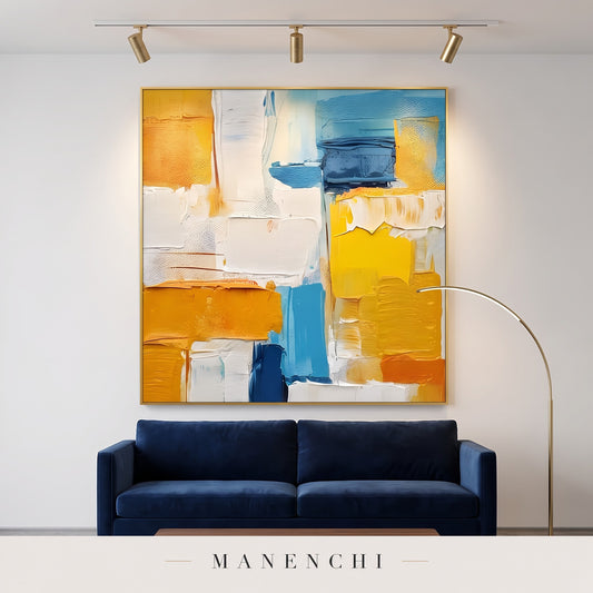 Vibrant Geometric Flow abstract painting displayed in a modern living room