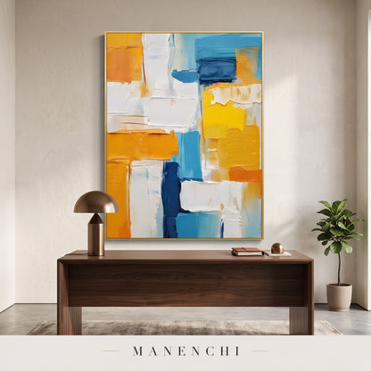 Vibrant Geometric Flow abstract painting displayed in a study