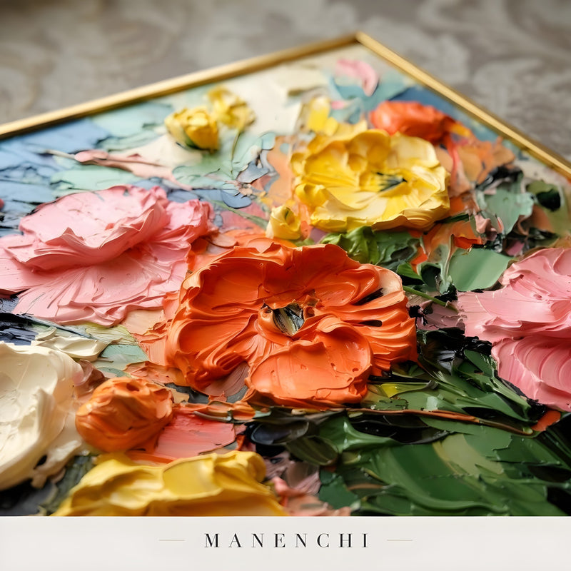 Close-up detail of the textured brushwork in Vibrant Impressionist Bloom