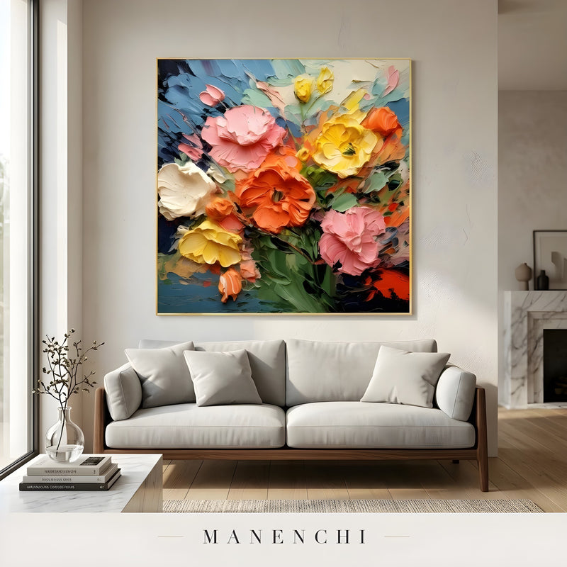 Vibrant Impressionist Bloom abstract painting displayed in painting above living room sofa