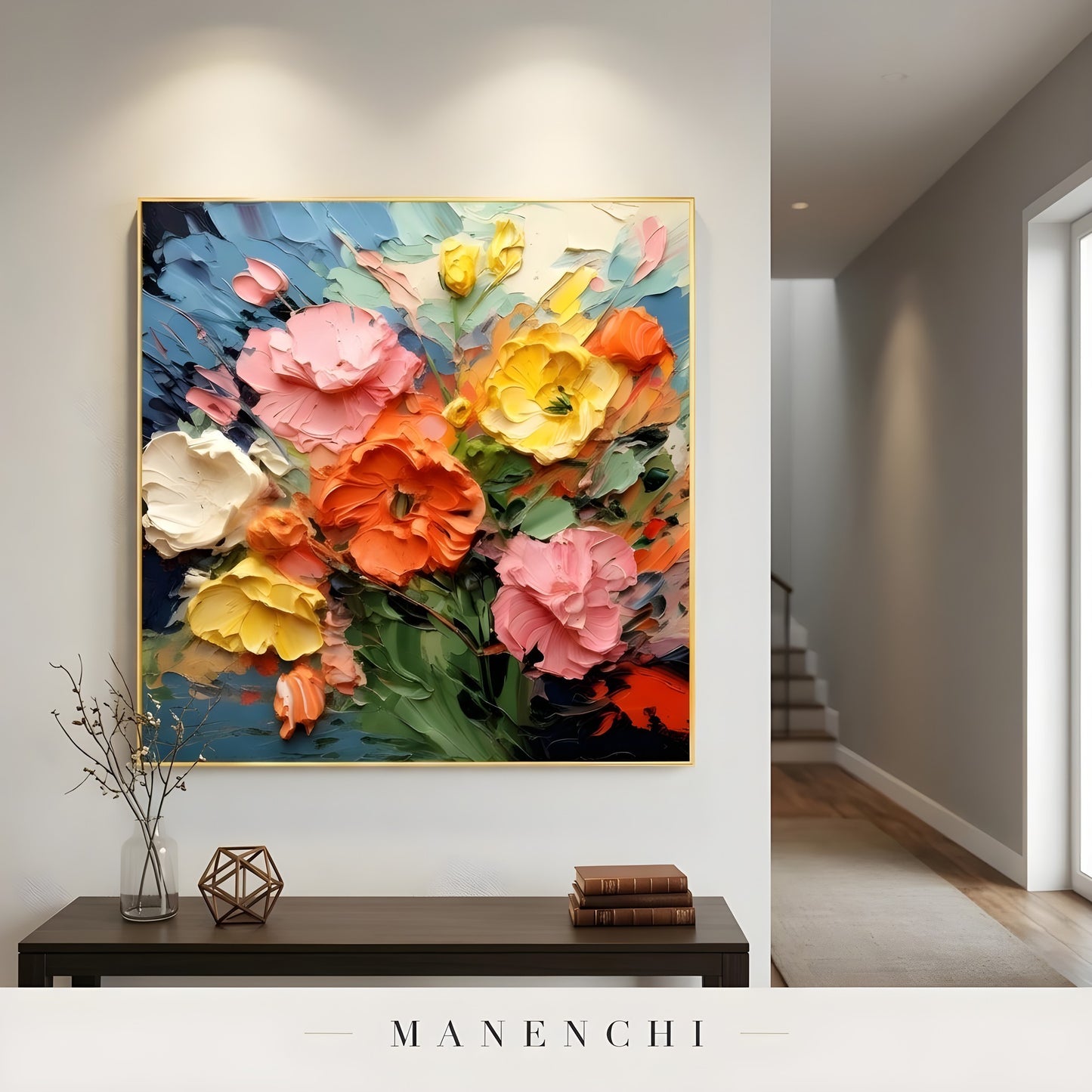 Vibrant Impressionist Bloom abstract painting displayed in painting on hallway wall