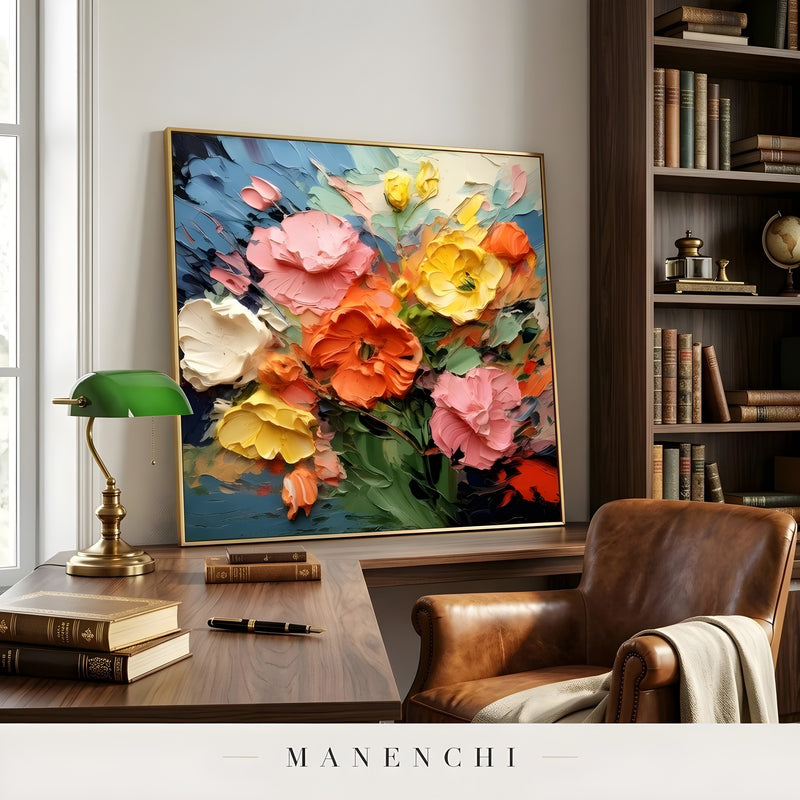 Vibrant Impressionist Bloom abstract painting displayed in painting on office desk