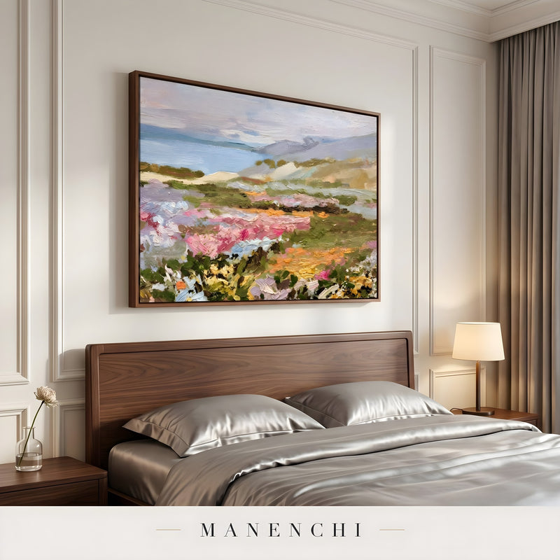 Vibrant Meadow Drift abstract painting displayed in bedroom wall art