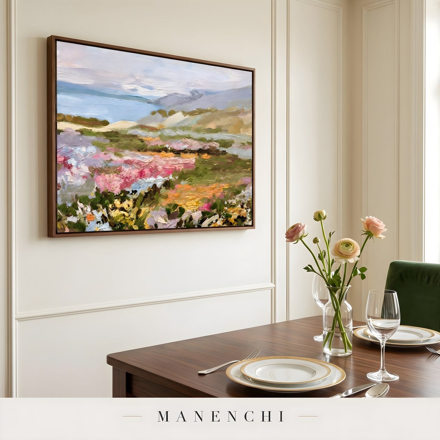 Vibrant Meadow Drift abstract painting displayed in dining room setting