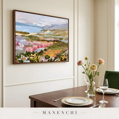 Vibrant Meadow Drift abstract painting displayed in dining room setting