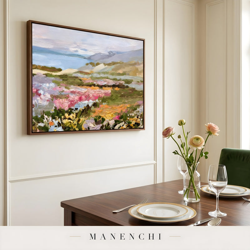 Vibrant Meadow Drift abstract painting displayed in dining room setting