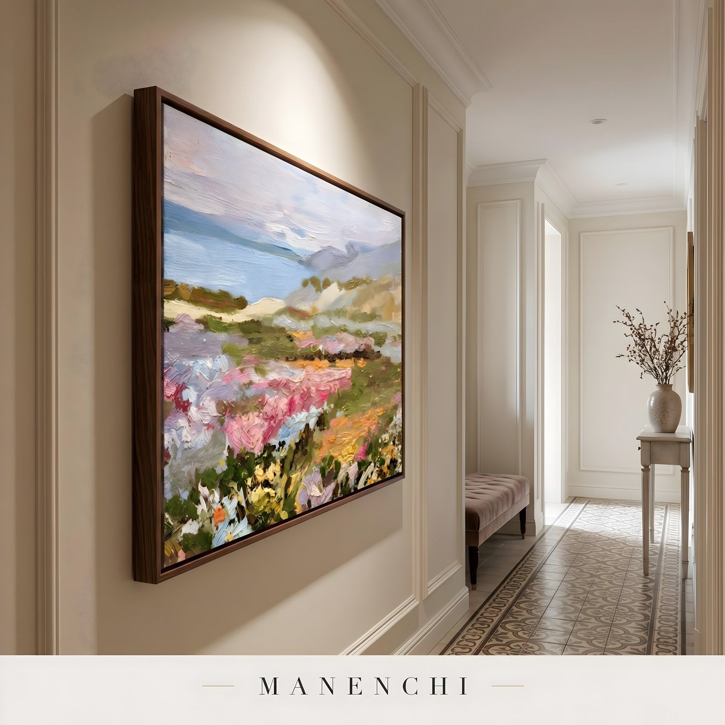Vibrant Meadow Drift abstract painting displayed in hallway wall art