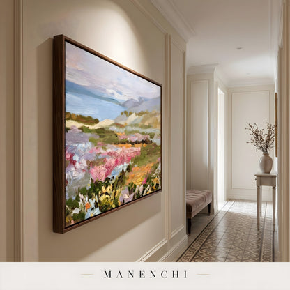Vibrant Meadow Drift abstract painting displayed in hallway wall art